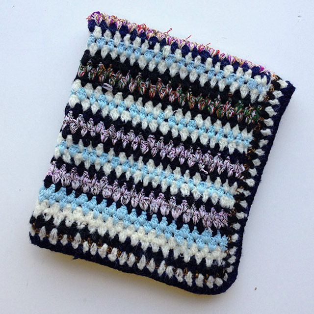 BLANKET (Throw), Crochet 1970s Black Blue Stripe Small